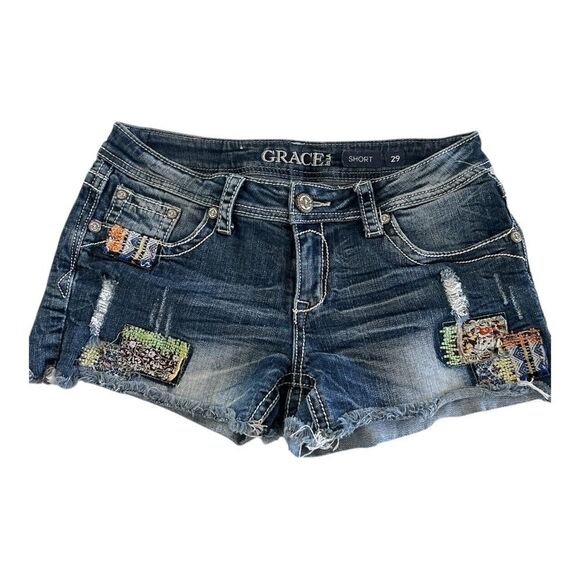 Grace in LA Blue Jean Shorts with Distressed Vintage Look - Picture 1 of 5